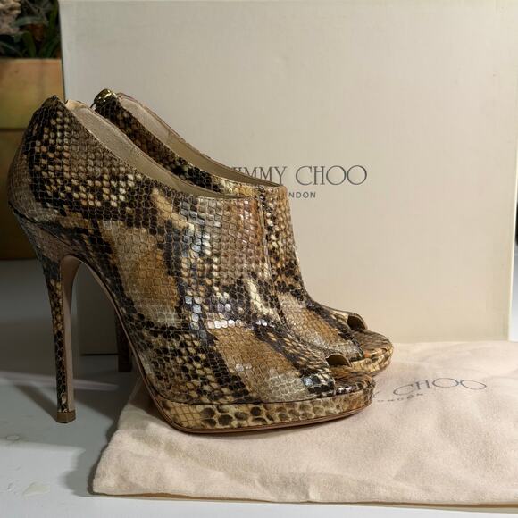 Jimmy Choo Glint Snake Print Leather Peep Toe Heels Size 7 - Picture 2 of 13